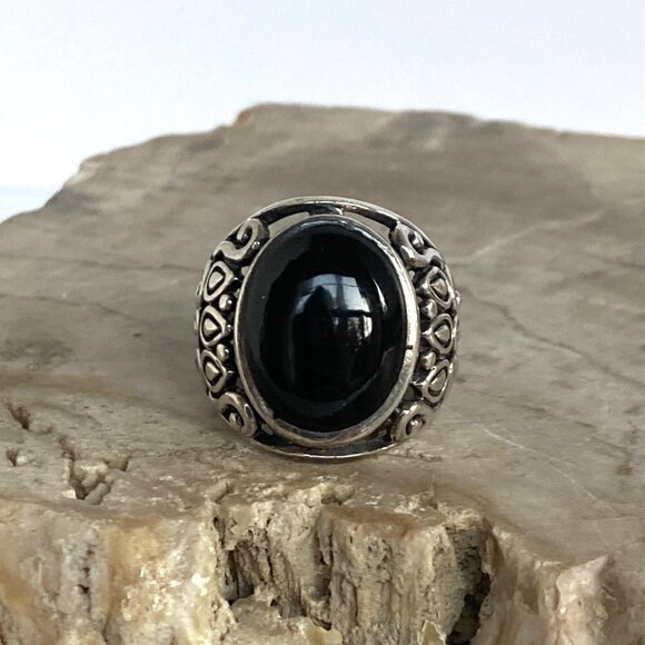 Sterling Silver 925 Chunky Oval Black Onyx Cab Pierced Scrollwork Ring Sz 6.5 - Picture 2 of 16